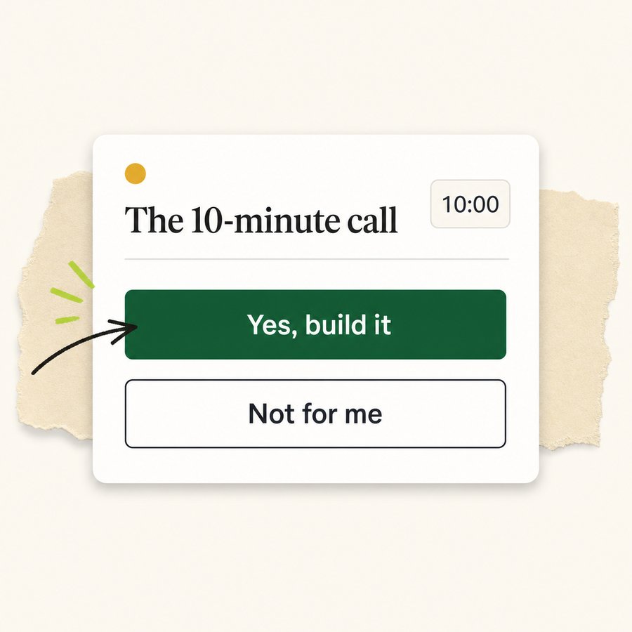 Card with a 10-minute timer and two buttons: Yes, build it - or Not for me