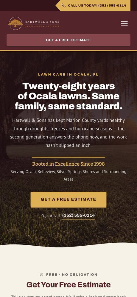 Hartwell & Sons Lawn Care website - phone view