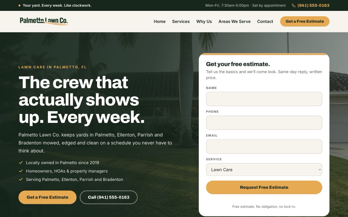 Palmetto Lawn Co. website - desktop view