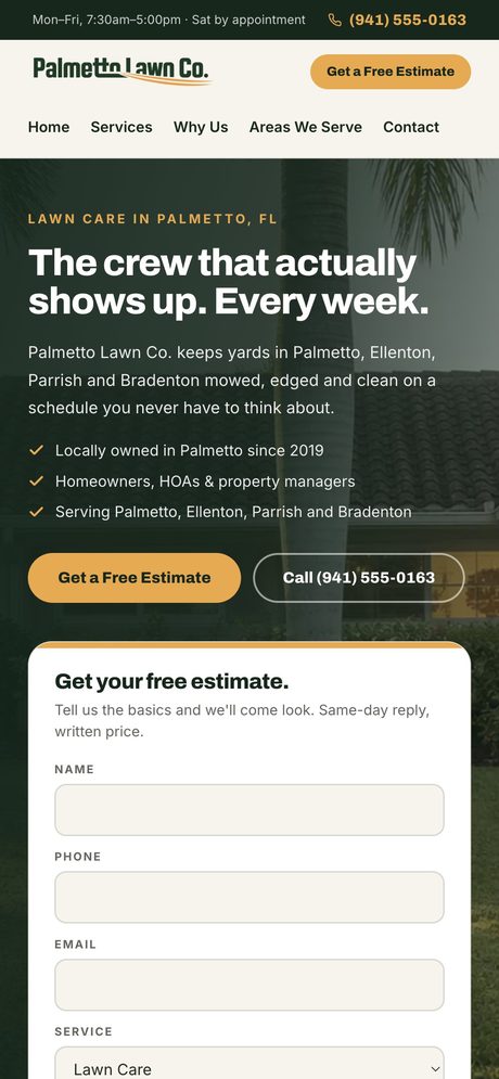 Palmetto Lawn Co. website - phone view