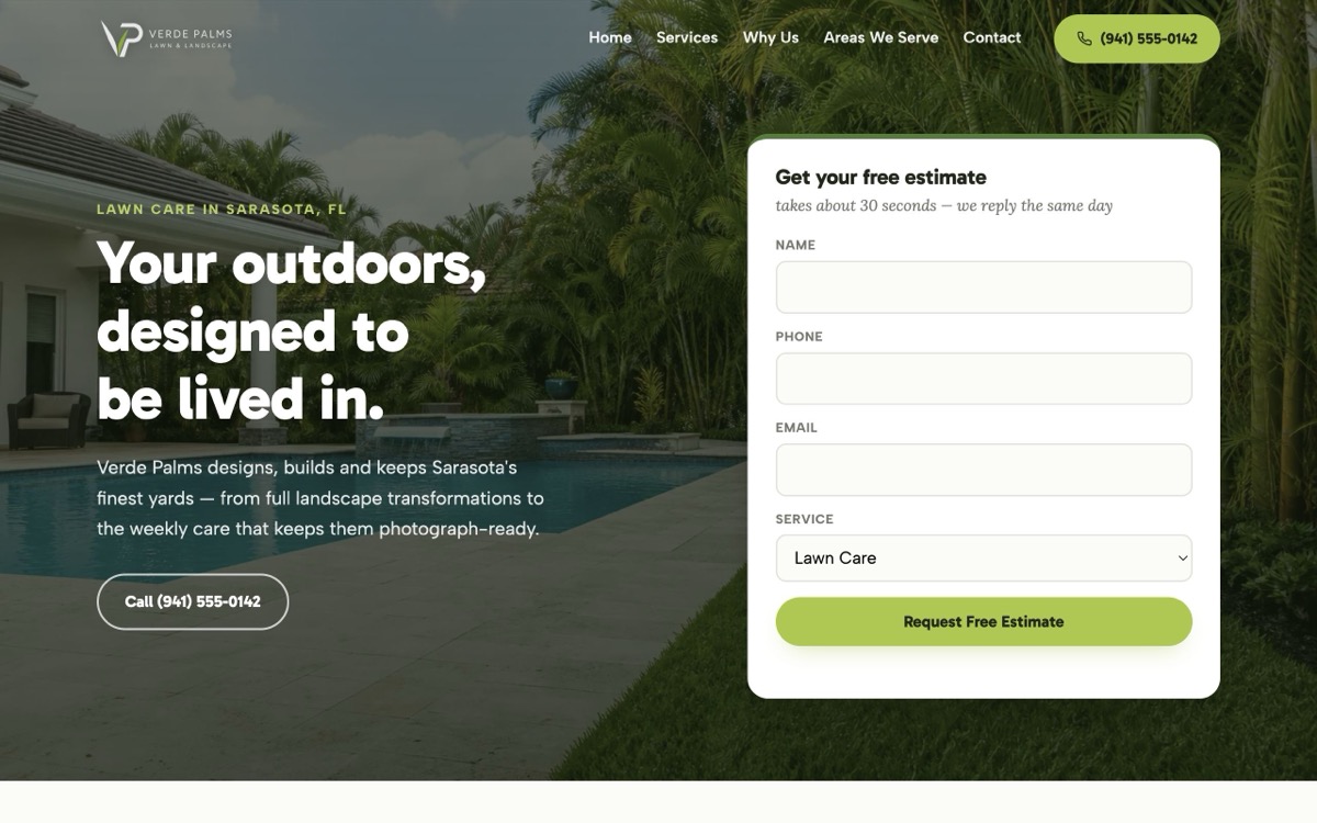 Verde Palms Lawn & Landscape website - desktop view